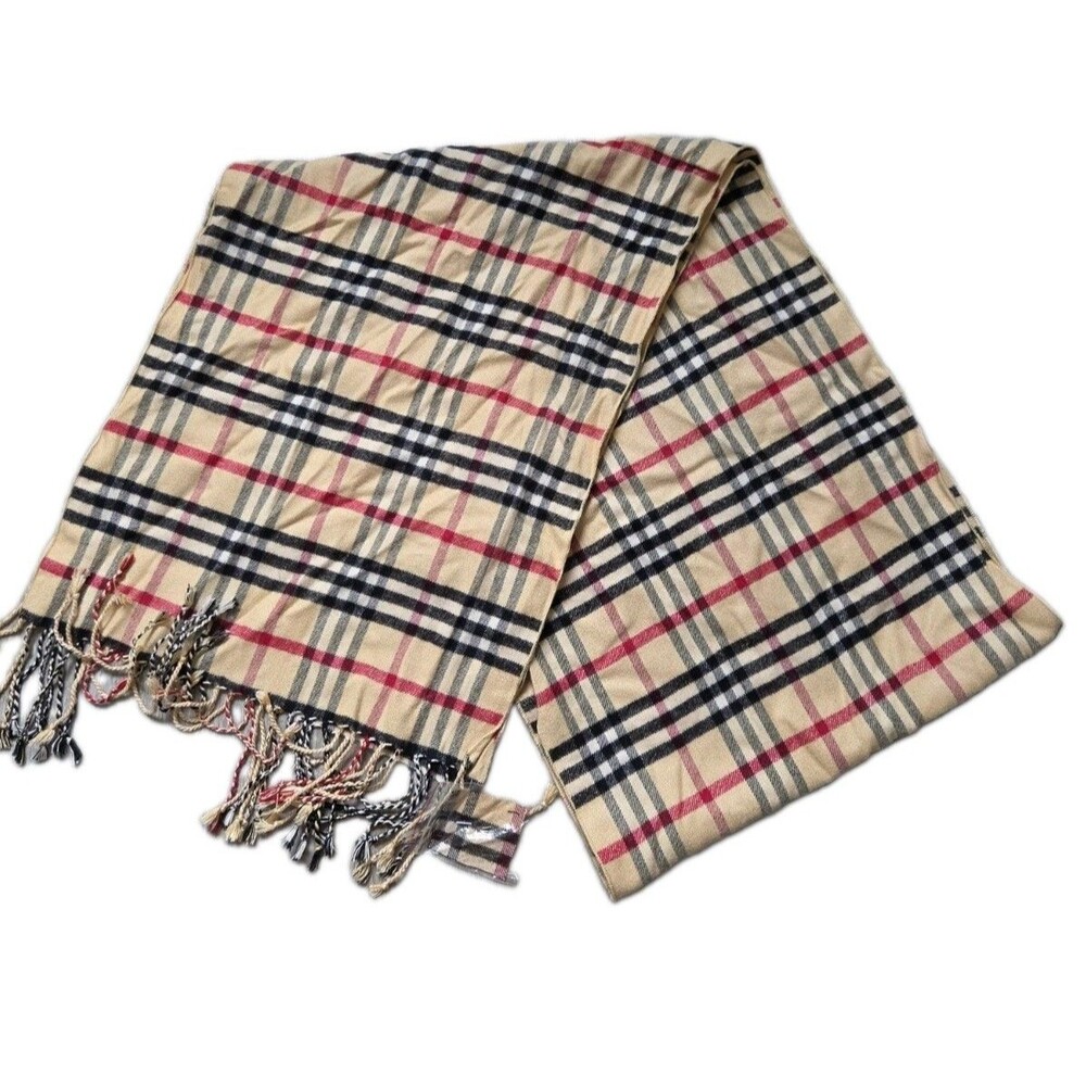 Mystic Clothing Beige Plaid 100% Silk Scarf Fringe Classic Check 64x11 EUC